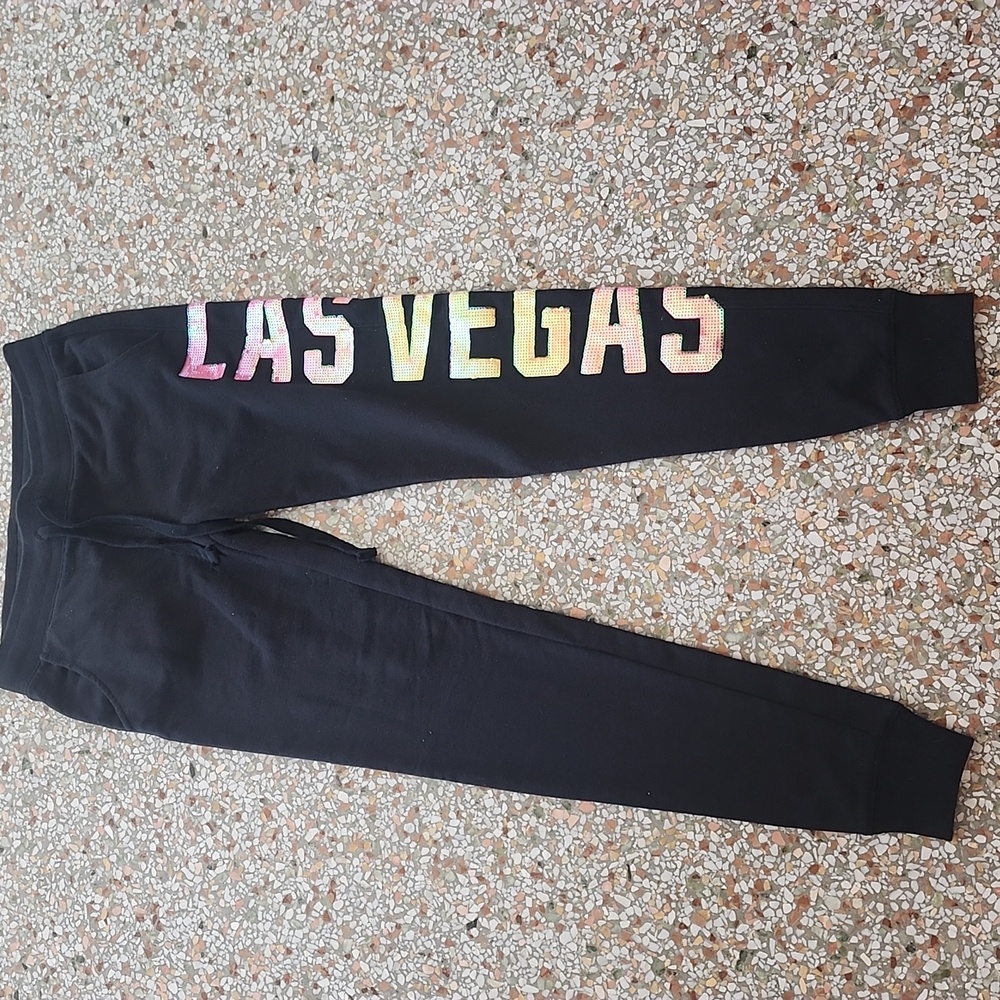 PINK Victoria's Secret Black Joggers with Multicolor 'Las Vegas' Design